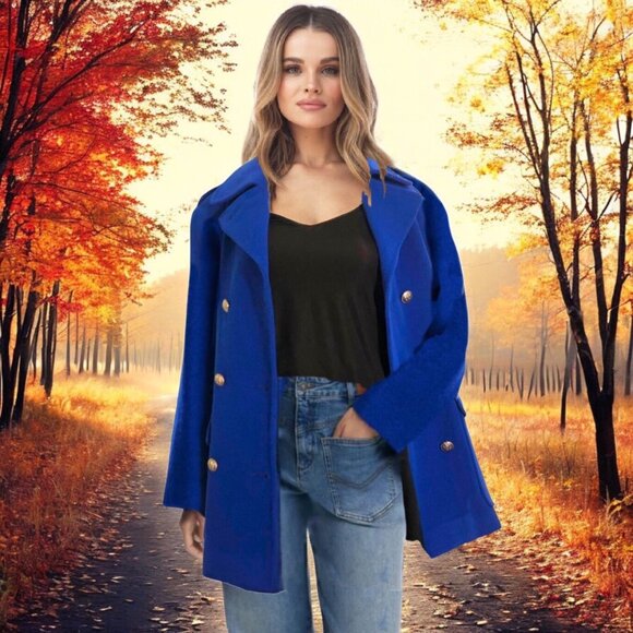 LE MONDE CASANDRA COUTURE Classic Royal Blue Double Breasted Wool Pea Coat Sz 2 - Picture 1 of 6